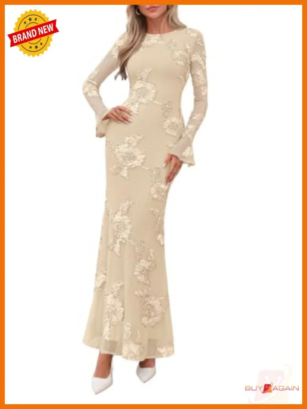 Women's Floral Mesh Maxi Bodycon Dress Bell Sleeve Party